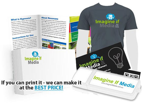 Examples of shirts, business cards, flyer and USB stick