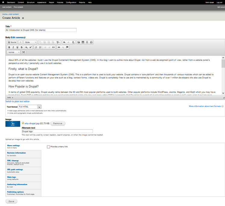 Drupal admin backend screenshot